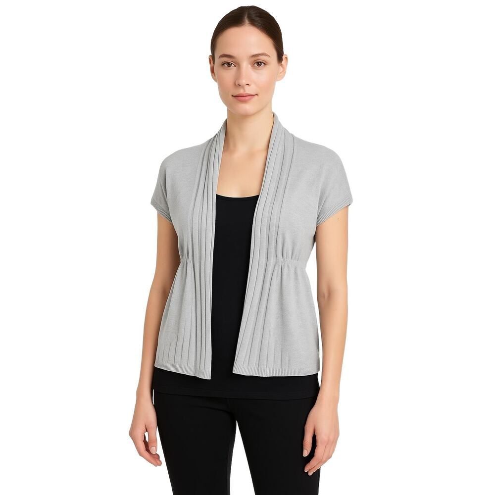 Sweater Project Gray Ribbed Pleated Open Short Sleeve Cardigan Womens M NWT